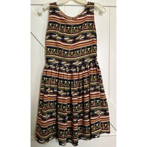 SIB  Navy, Orange,Green Aztec Print,Zip Back Fit And Flair Women's Dress Size XS